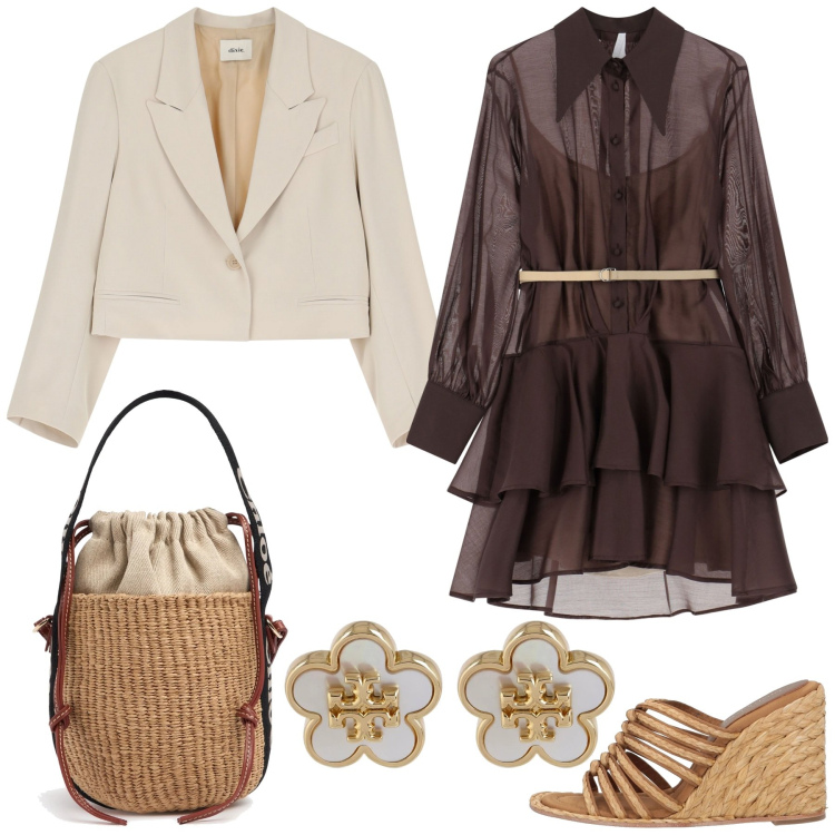 Outfit donna - Passeggiata in Riviera. Stile Romantica per Tutti i giorni. Abbinamento con espadrillas, vestiti corti, blazer, borse a mano, orecchini.