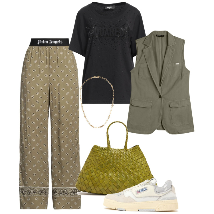 Outfit donna - Col gilet. Stile Basic per Tutti i giorni. Abbinamento con pantaloni, t-shirt, gilet, sneakers, collane, borse a spalla.