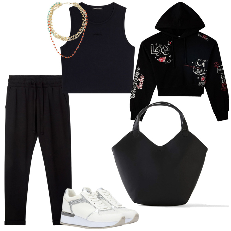 Outfit donna - Sportiva e giornaliera. per Tutti i giorni. Abbinamento con borse a mano, collane, pantaloni, felpe con cappuccio, top, sneakers.