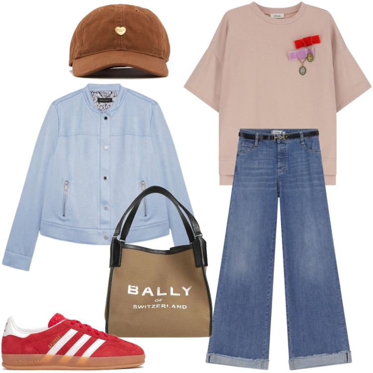 Outfit donna - Casual chic di primavera. Stile Casual chic per Tutti i giorni. Abbinamento con borse a mano, jeans, t-shirt, blazer, sneakers, cappelli.