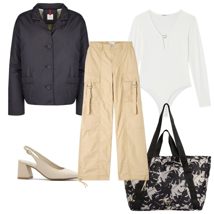 Outfit donna - Total look #2113344. Stile Trendy per Tutti i giorni. Abbinamento con décolleté, pantaloni cargo, body, shopping bag, blazer.