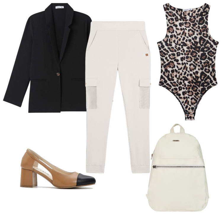 Outfit donna - Total look #2113345. Stile Trendy per Tutti i giorni. Abbinamento con décolleté, blazer, body, pantaloni cargo, zaini.