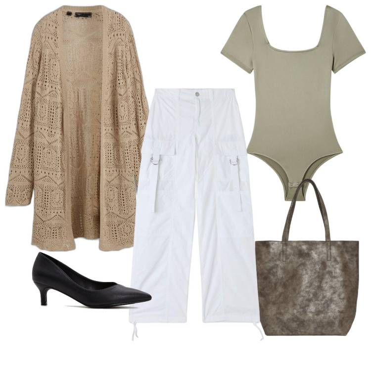 Outfit donna - Total look #2113350. Stile Trendy per Tutti i giorni. Abbinamento con cardigans, décolleté, pantaloni cargo, body, borse tote.