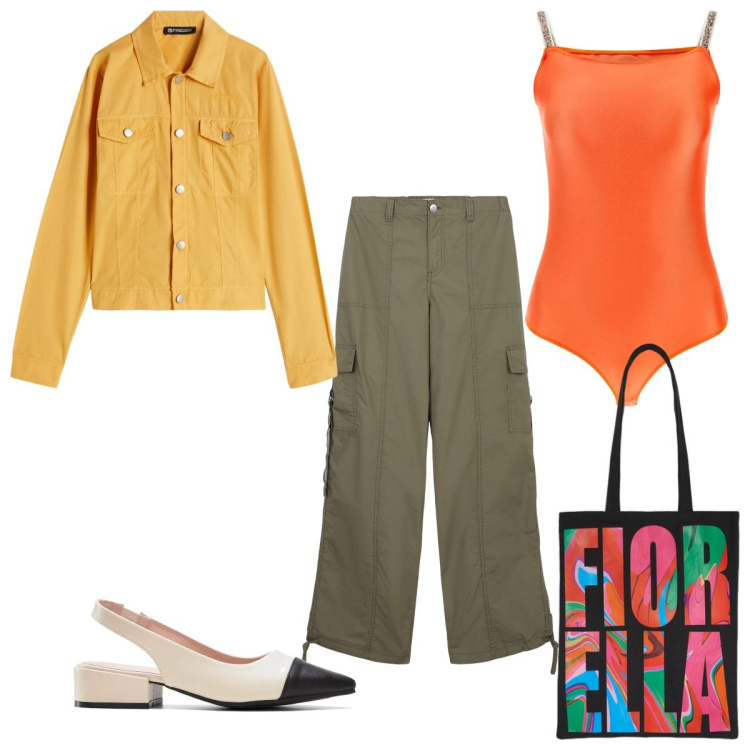 Outfit donna - Total look #2113351. Stile Trendy per Tutti i giorni. Abbinamento con décolleté, pantaloni cargo, body, blazer, borse tote.