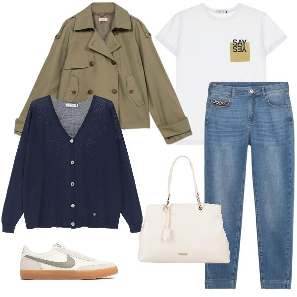 Outfit donna - Trench e jeans ogni giorno. Stile Casual per Tutti i giorni. Abbinamento con borse a mano, t-shirt, cardigans, jeans skinny, trench, sneakers.