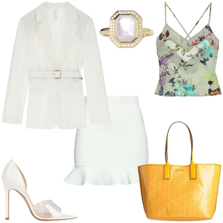 Outfit donna - Accessori statement per la primavera. Stile Chic per Ufficio. Abbinamento con minigonne, borse a mano, décolleté, anelli, blazer, canottiere.