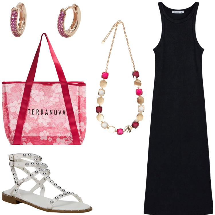 Outfit donna - Abito lungo per tutti i giorni. Stile Casual per Tutti i giorni. Abbinamento con vestiti lunghi, shopping bag, sandali, orecchini, collane.