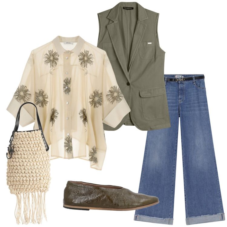 Outfit donna - Total look #2113360. Stile Etnico per Tutti i giorni. Abbinamento con borse a mano, ballerine, jeans, gilet, camicie.