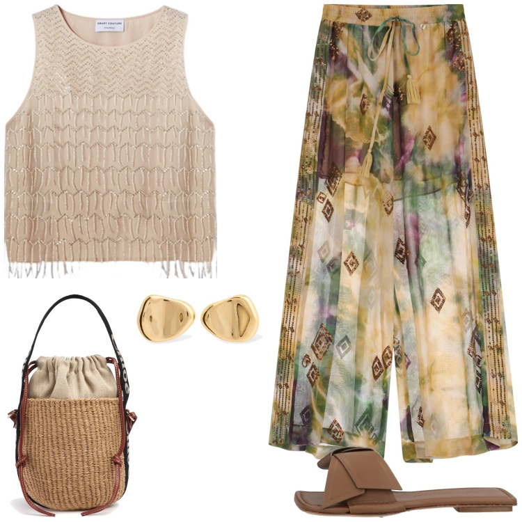 Outfit donna - Pantaloni fantasy. Stile Casual chic per Tutti i giorni. Abbinamento con sandali in pelle, pantaloni a palazzo, borse a mano, orecchini, top.