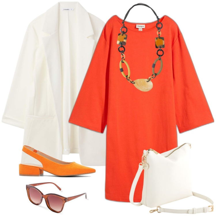 Outfit donna - Arancio. Stile Casual chic per Tutti i giorni. Abbinamento con décolleté, vestiti corti, occhiali da sole, blazer, borse a tracolla, collane.