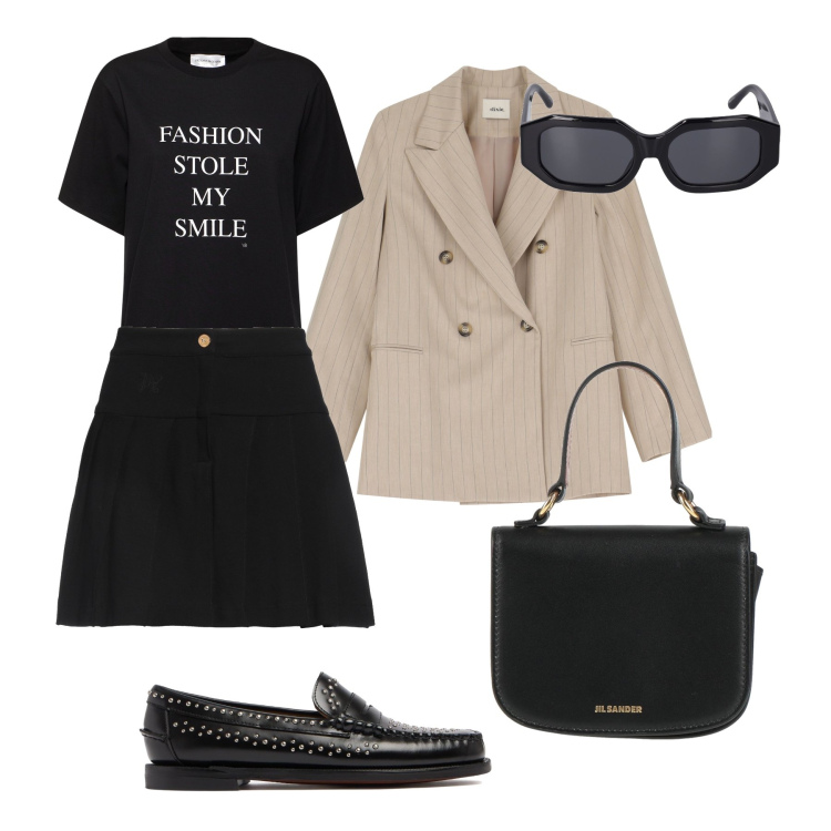 Outfit donna - Blazer over e mini per la città. Stile Trendy per Tutti i giorni. Abbinamento con minigonne, borse a mano, blazer, mocassini, occhiali da sole, t-shirt.