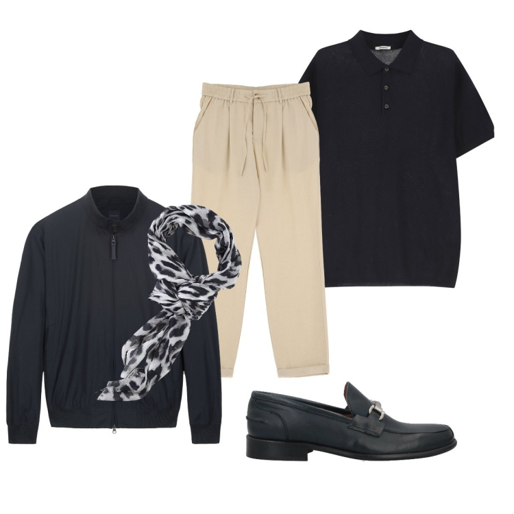 Outfit uomo - In ufficio. Stile Trendy per Ufficio. Abbinamento con scarpe stringate, polo, sciarpe e foulard, pantaloni, bomber.