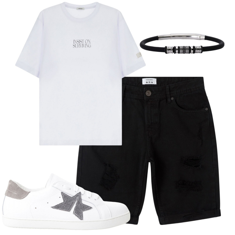 Outfit uomo - Total look #2113393. Stile Casual per Tutti i giorni. Abbinamento con bermuda, braccialetti, sneakers, t-shirt.