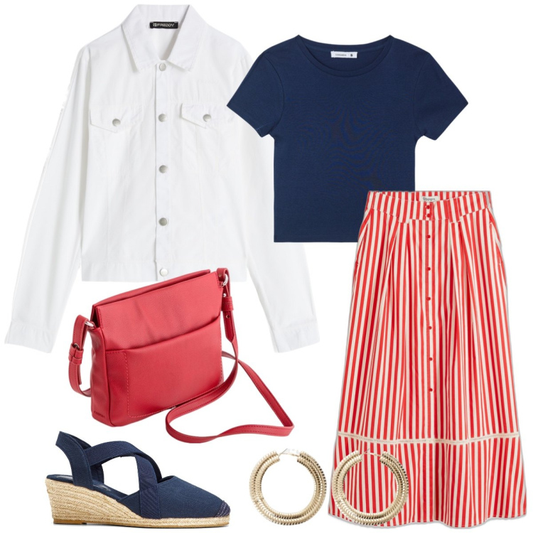 Outfit donna - Righe. Stile Casual per Tutti i giorni. Abbinamento con sandali col tacco, gonne lunghe, t-shirt, blazer, orecchini, borse a tracolla.