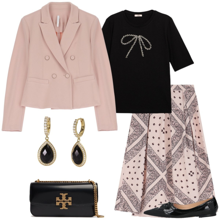 Outfit donna - Cerimonia. Stile Bon Ton per Cerimonia. Abbinamento con ballerine, orecchini, blazer, gonne longuette, t-shirt, borse a spalla.