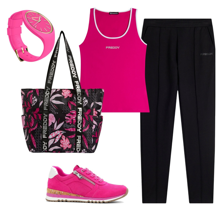 Outfit donna - Energia fucsia. Stile Sporty chic per Sport. Abbinamento con sneakers, canottiere, pantaloni, shopping bag, orologi.