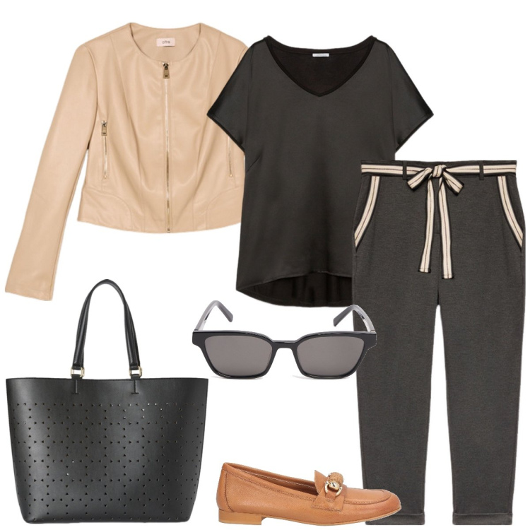Outfit donna - Ufficio. Stile Casual chic per Ufficio. Abbinamento con mocassini, pantaloni chino, t-shirt, giacche, occhiali da sole, shopping bag.