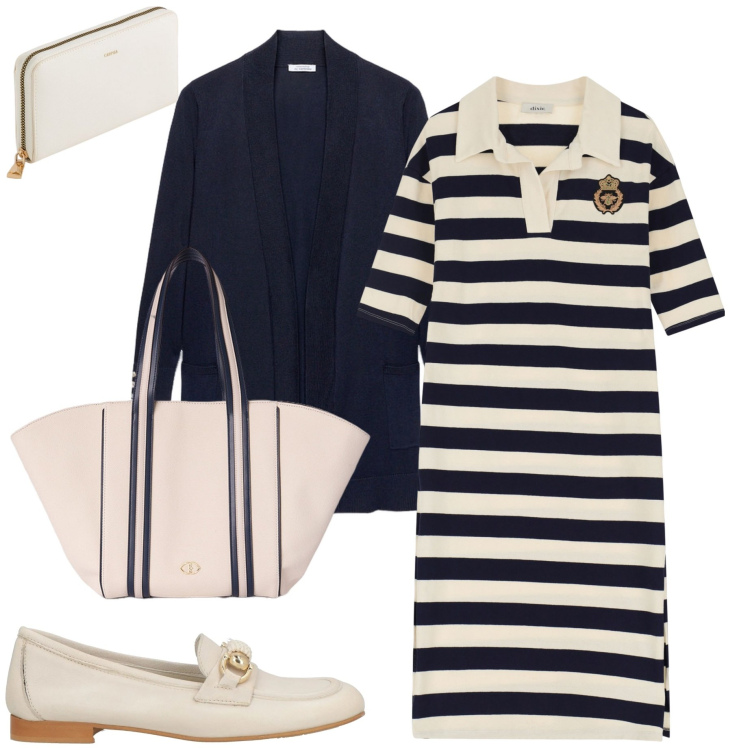 Outfit donna - In ufficio. Stile Casual chic per Ufficio. Abbinamento con mocassini, vestiti, cardigans, shopping bag, portafogli.