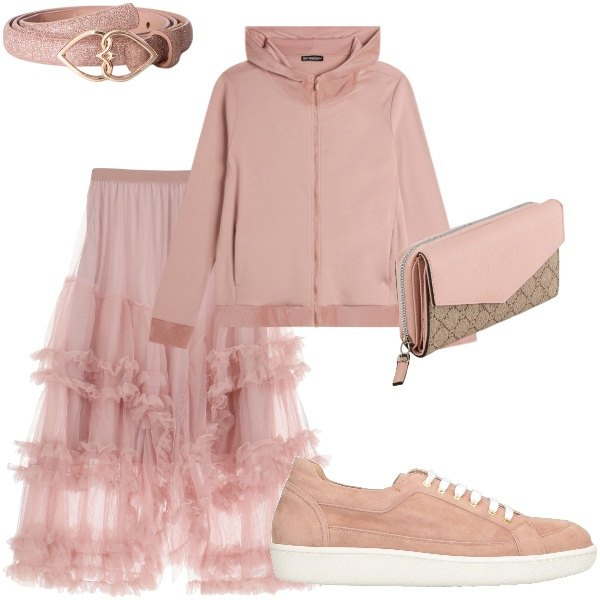 Outfit donna - la gonna in tulle rosa. Stile Casual per Tutti i giorni. Abbinamento con sneakers, felpe con cappuccio, gonne lunghe, portafogli, cinture.