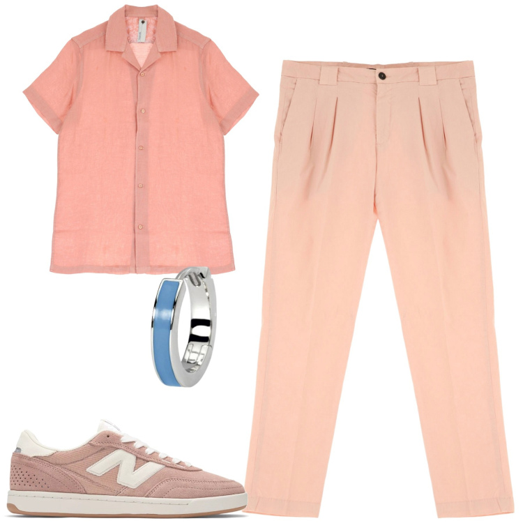 Outfit uomo - Pink. Stile Trendy per Tutti i giorni. Abbinamento con orecchini, sneakers, camicie a manica corta, pantaloni.