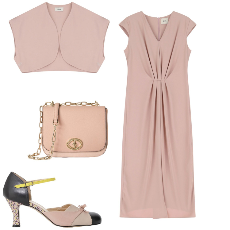 Outfit donna - Cerimonia. Stile Chic per Cerimonia. Abbinamento con gilet, décolleté, vestiti midi/longuette, borse a tracolla.