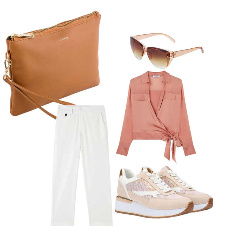 Outfit donna - Spring soft. Stile Casual chic per Tutti i giorni. Abbinamento con pantaloni, occhiali da sole, pochette, sneakers, camicie.