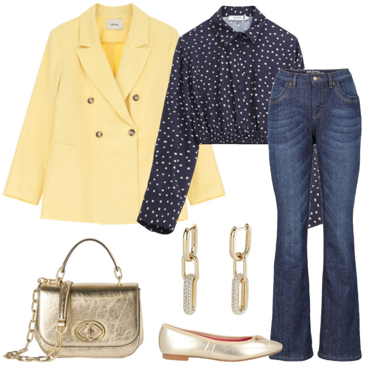 Outfit donna - In jeans. Stile Casual per Tutti i giorni. Abbinamento con jeans bootcut, ballerine, camicie, orecchini, blazer, borse a tracolla.