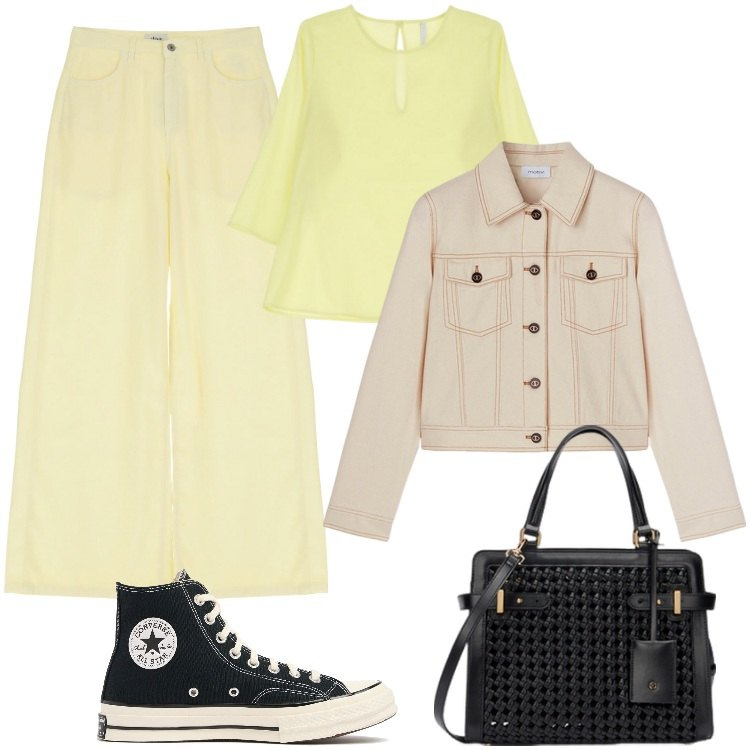 Outfit donna - Pantaloni giallino. Stile Minimal per Tutti i giorni. Abbinamento con bluse, pantaloni, sneakers, borse a mano, blazer.