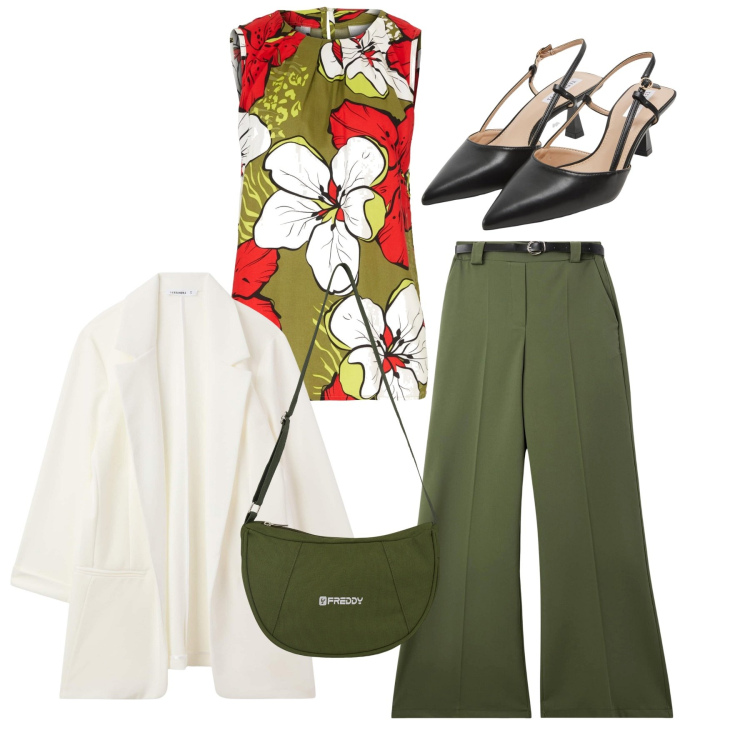 Outfit donna - Battesimo. Stile Chic per Cerimonia. Abbinamento con top, pantaloni, sabot, blazer, borse a spalla.