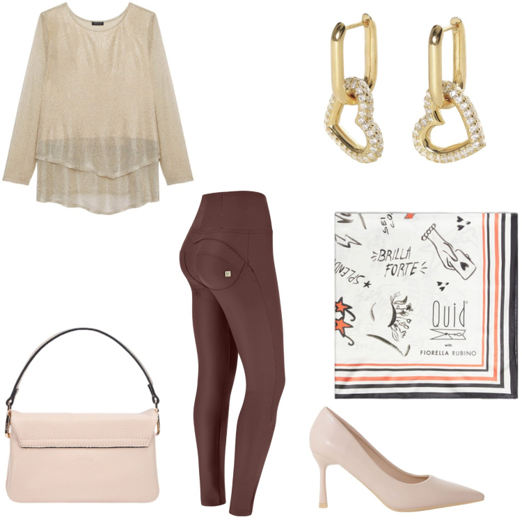 Outfit donna - Uscita weekend. Stile Casual chic per Tutti i giorni. Abbinamento con orecchini, décolleté, pantaloni skinny, t-shirt, borse a tracolla, foulard.