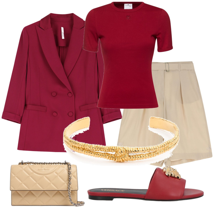 Outfit donna - Rosso Rubino. Stile Bon Ton per Tutti i giorni. Abbinamento con sandali in pelle, pantaloni corti, blazer, t-shirt, borse a spalla, collane.