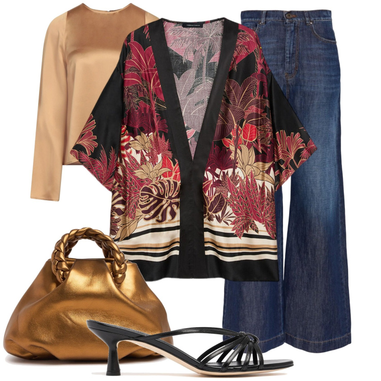 Outfit donna - Il kimono chic. Stile Glamour per Tutti i giorni. Abbinamento con top, borse a mano, kimono, jeans, sandali in pelle.