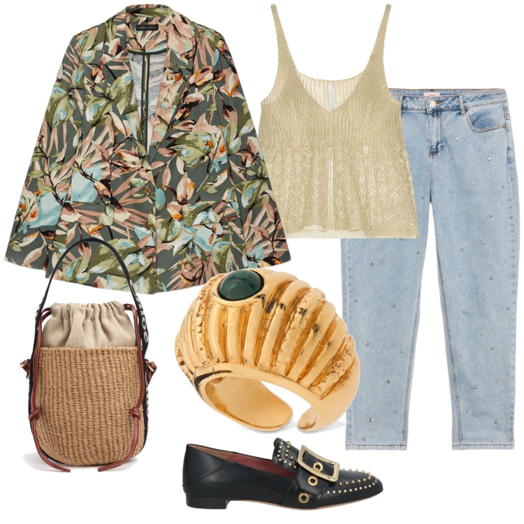 Outfit donna - Sciccosa nei toni di verde. Stile Casual chic per Tutti i giorni. Abbinamento con mocassini, top, blazer, borse a mano, jeans, anelli.