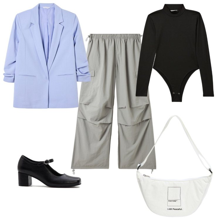 Outfit donna - Total look #2113453. Stile Trendy per Tutti i giorni. Abbinamento con décolleté, marsupi, pantaloni cargo, body, blazer.