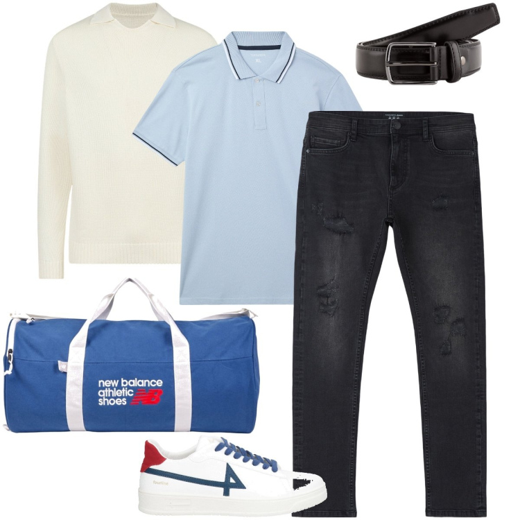 Outfit uomo - In piscina. Stile Casual per Sport. Abbinamento con sneakers, jeans strappati, polo, borse sportive, maglieria, cinture.