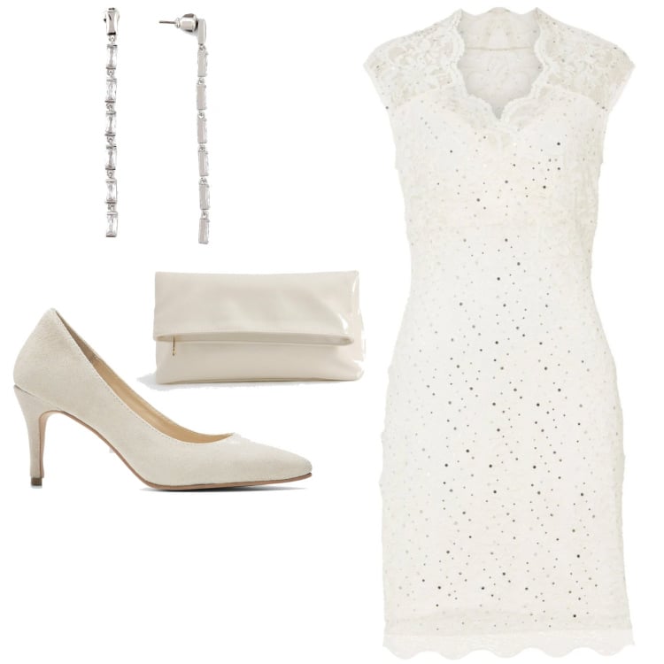 Outfit femme - Baptême Minimal. Style Minimal pour Cérémonie. Assortir avec robes longues, chaussures à talon, boucles d'oreilles, pochette.
