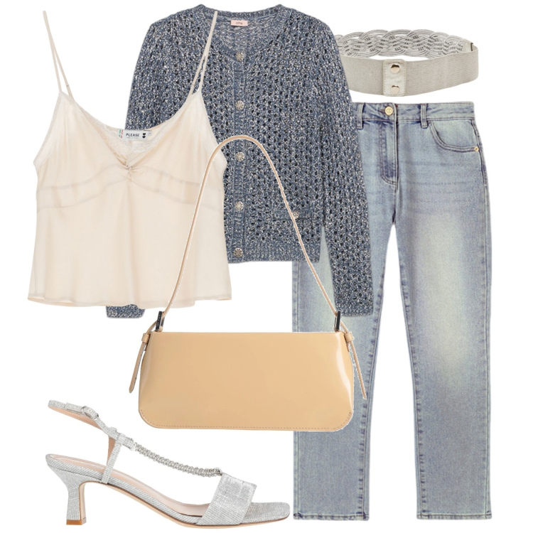 Outfit donna - Piccola giacca chanel e sandali argento. Stile Chic per Tutti i giorni. Abbinamento con borse a spalla, sandali in pelle, cinture, top, cardigans, jeans.