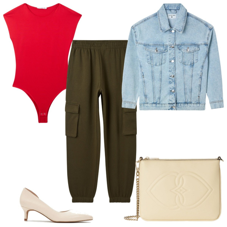 Outfit donna - Total look #2113458. Stile Trendy per Tutti i giorni. Abbinamento con décolleté, body, pantaloni cargo, cappotti, pochette.
