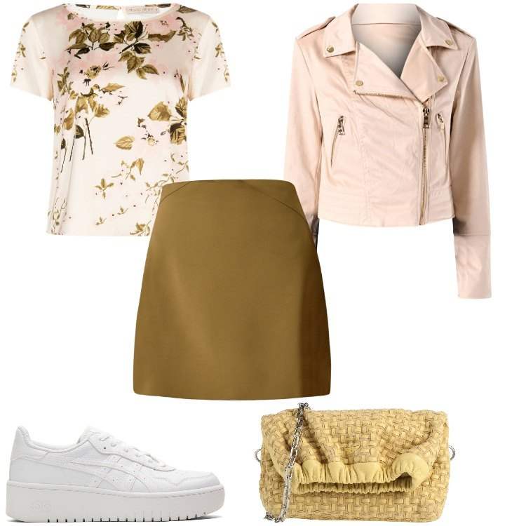 Outfit donna - Minigonna a trapezio. Stile Romantica per Tutti i giorni. Abbinamento con borse a tracolla, minigonne, bluse, giacche, sneakers.