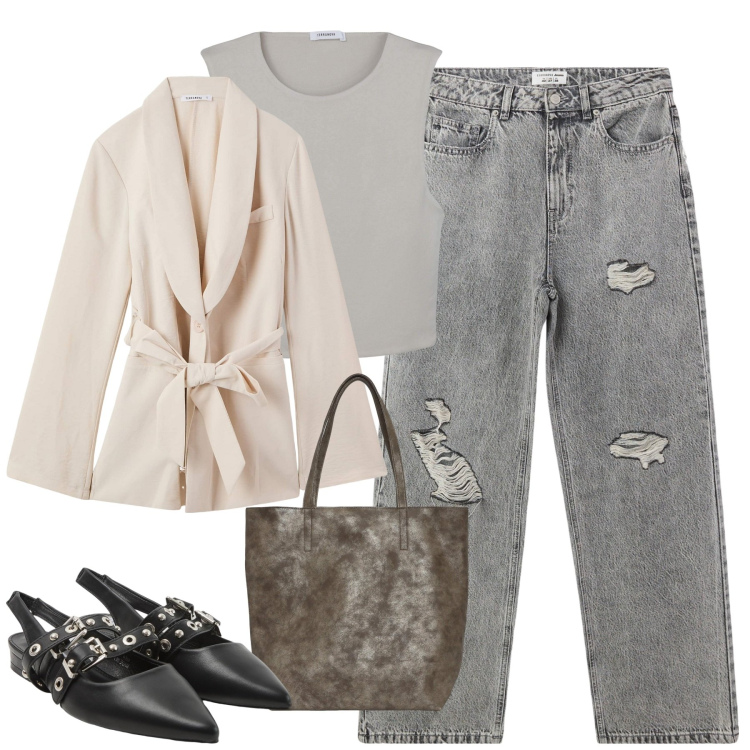 Outfit donna - City. Stile Casual per Tutti i giorni. Abbinamento con blazer, sabot, borse tote, jeans strappati, top.