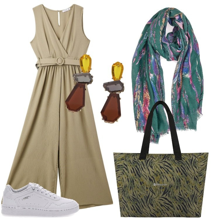 Outfit donna - Orecchini geometrici. Stile Casual chic per Tutti i giorni. Abbinamento con tute, shopping bag, orecchini, sneakers, foulard.