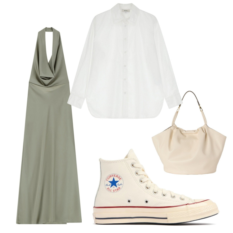 Outfit donna - Dinamico. Stile Casual chic per Tutti i giorni. Abbinamento con vestiti lunghi, camicie, sneakers, borse a secchiello.