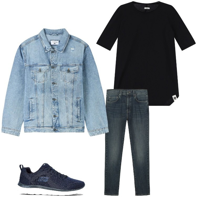 Outfit uomo - Blu e jeans. Stile Casual per Tutti i giorni. Abbinamento con sneakers, giacche, t-shirt, jeans.