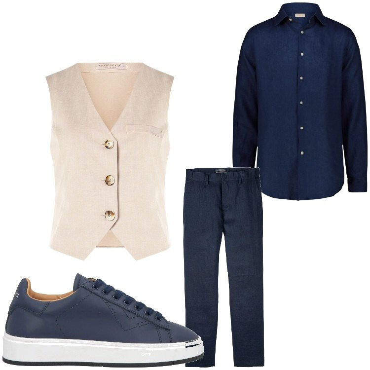 Outfit uomo - Blu e sabbia. Stile Business/Elegante per Serata speciale. Abbinamento con pantaloni, sneakers, gilet, camicie.