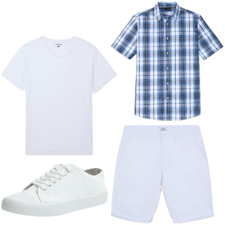 Outfit uomo - E´gia´estate. Stile Casual per Tutti i giorni. Abbinamento con camicie a manica corta, t-shirt, bermuda, sneakers.