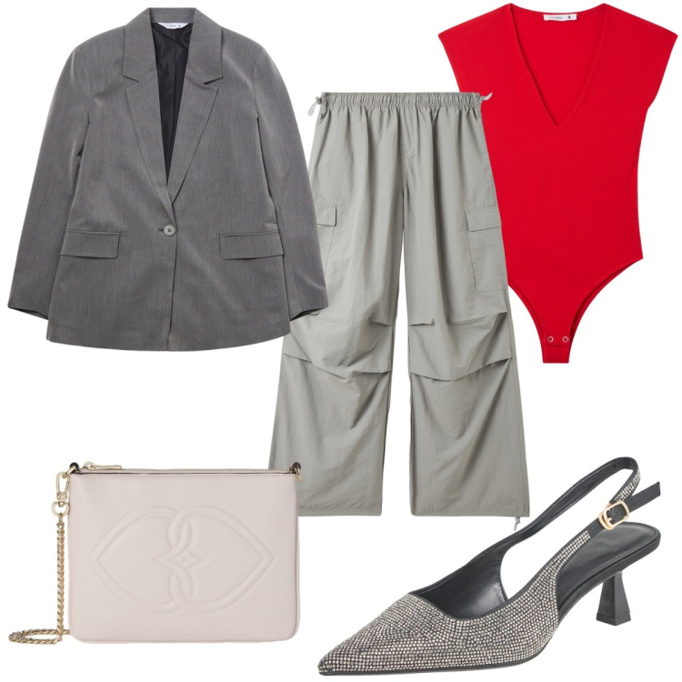 Outfit donna - Total look #2113498. Stile Trendy per Tutti i giorni. Abbinamento con pantaloni cargo, body, décolleté, blazer, pochette.