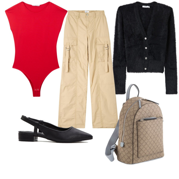 Outfit donna - Total look #2113516. Stile Trendy per Tutti i giorni. Abbinamento con décolleté, pantaloni cargo, body, cardigans, zaini.