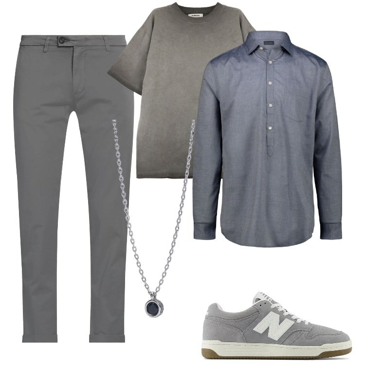 Outfit uomo - Grigio su grigio. Stile Trendy per Serata speciale. Abbinamento con pantaloni chino, collane, sneakers, t-shirt, camicie.