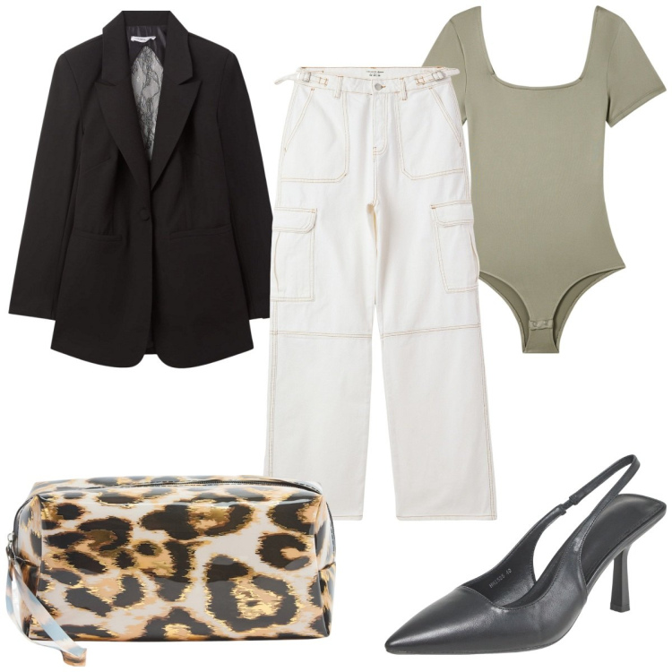 Outfit donna - Total look #2113518. Stile Trendy per Tutti i giorni. Abbinamento con pantaloni cargo, body, valigie, décolleté, blazer.