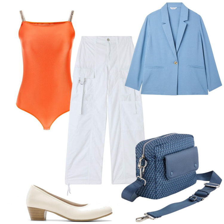 Outfit donna - Total look #2113520. Stile Trendy per Tutti i giorni. Abbinamento con décolleté, pantaloni cargo, blazer, body, borse a tracolla.